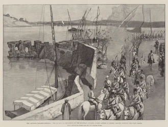 De opmars naar Dongola, de 5e en 7e eskadrons van de Egyptische cavalerie, onder leiding van kapitein D Mahon, vertrekken uit Assouan naar Wady Halfa